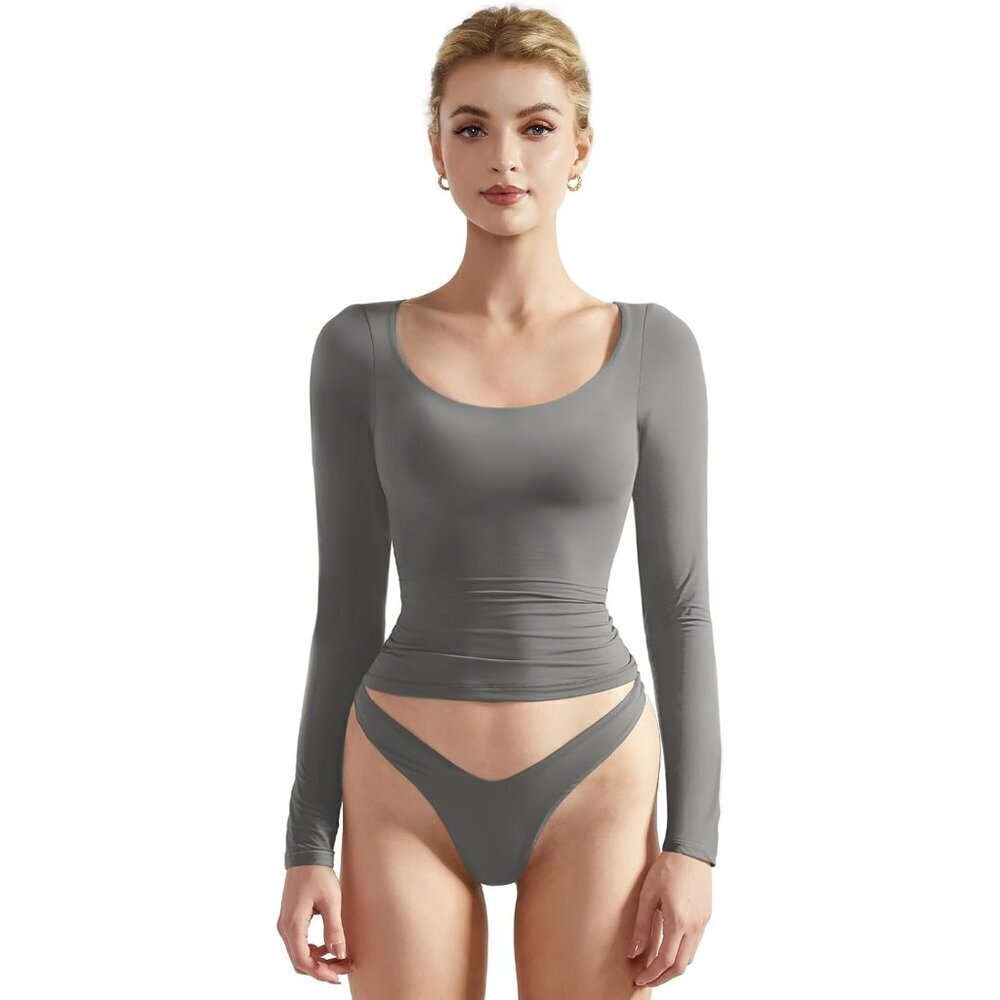 Women Long Sleeve Crop Top Fitted Soft Stretchy Double Layer Casual Night Out